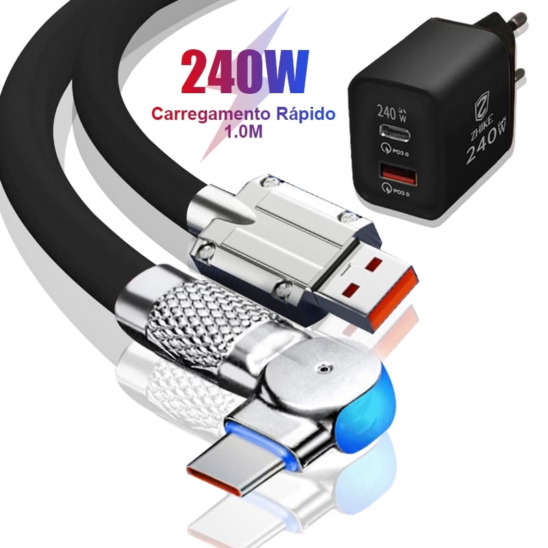 Kit Cabo Carregador Carregamento Rápido Tipo C LED Com GaN Adaptador 1,0M Rotativo 180° Cabo Para Samsung Xiaomi