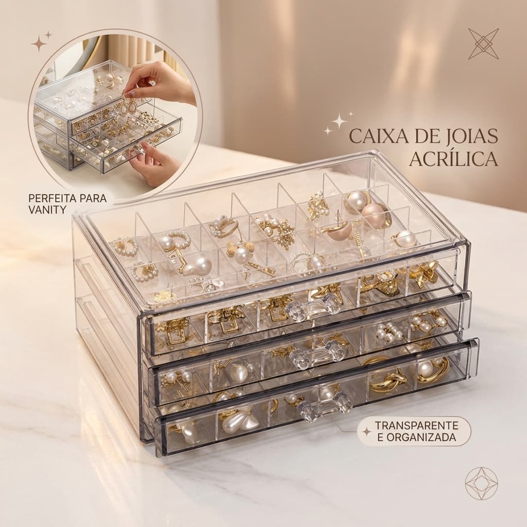 Organizador 3 Gavetas 72 Divisórias para Pedrarias, Strass, Glitter, Bijuterias e Unhas Acrílico