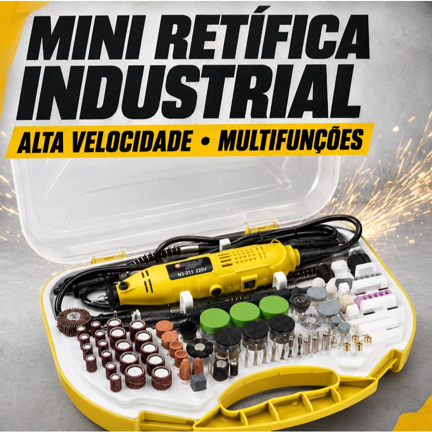 Mini Retífica Profissional 211 Peças com Maleta e Eixo Flexível para Cortar Lixar Polir Gravar 110V/220V
