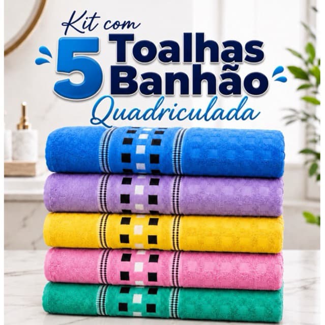 Kit com 5 Toalhas Gigante Quadriculada Banhão 100% Algodão 80cm X 1,80m
