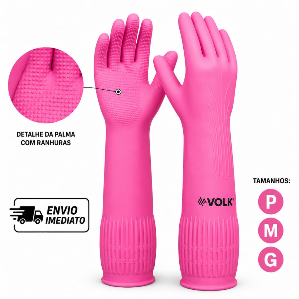 Luva Latex Cano Longo Rosa Pink Ranhurada Longatex Comprida Limpeza Louça Jardinagem Tira Pelo Pet