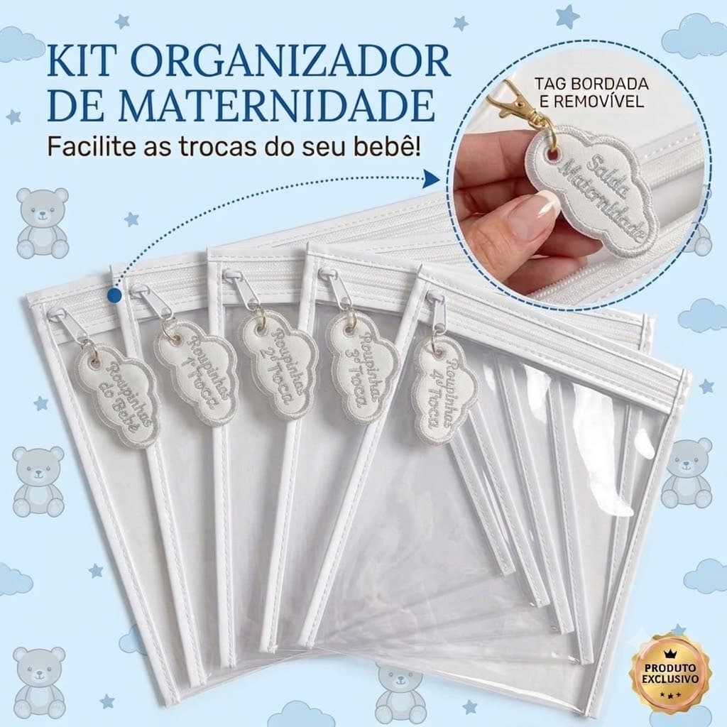 Kit 5 Saquinhos Maternidade Com Tag Bordada De Identificação Com Zíper