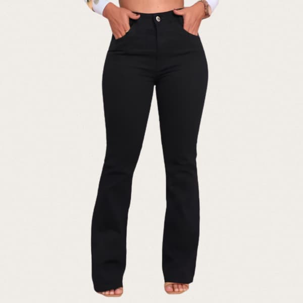Calça Jeans Flare Feminina Cintura alta Preta Laycra Estilo Boca Sino Modelagem Ajustada Elegante