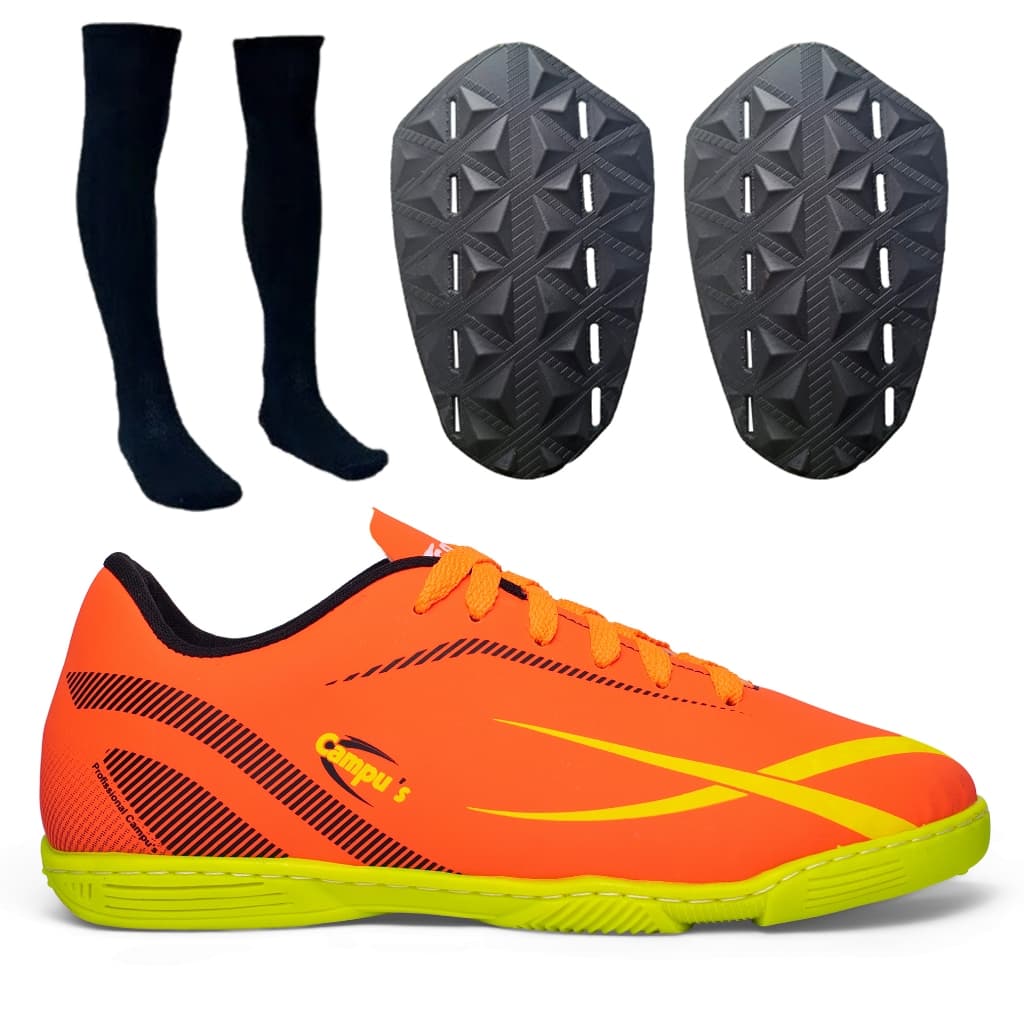 Combo Chuteira Futsal Profissional Quadra com Meião e Caneleira Solado Borracha Costurado Resistente