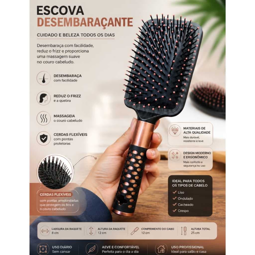 Escova de Cabelo Almofadada Linha Premium Profissional Anti Frizz Massageadora Cerdas Flexíveis