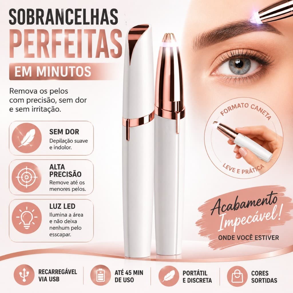 Caneta Depiladora Sobrancelha Elétrica Recarregável USB Aparador Facial Feminino com Luz LED Sem Dor