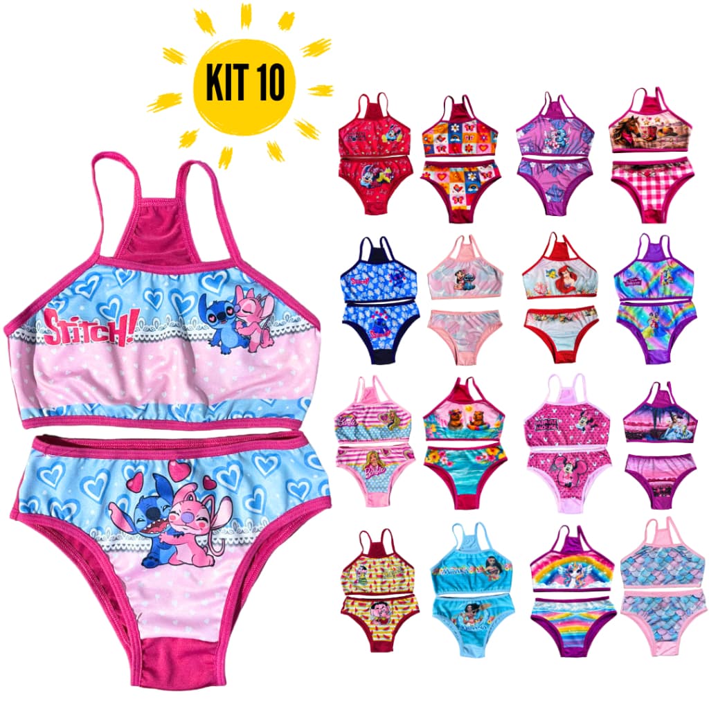 Kit 10 Conjunto Feminino Biquini Infantil Sublimado Estampado Verão calcinha e top nadador desenhos