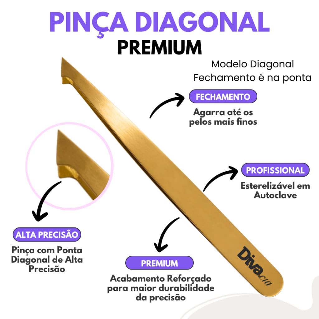 Pinça para Sobrancelhas Ponta Diagonal Premium Design de Sobrancelhas - Autoclavável Diva e Cia