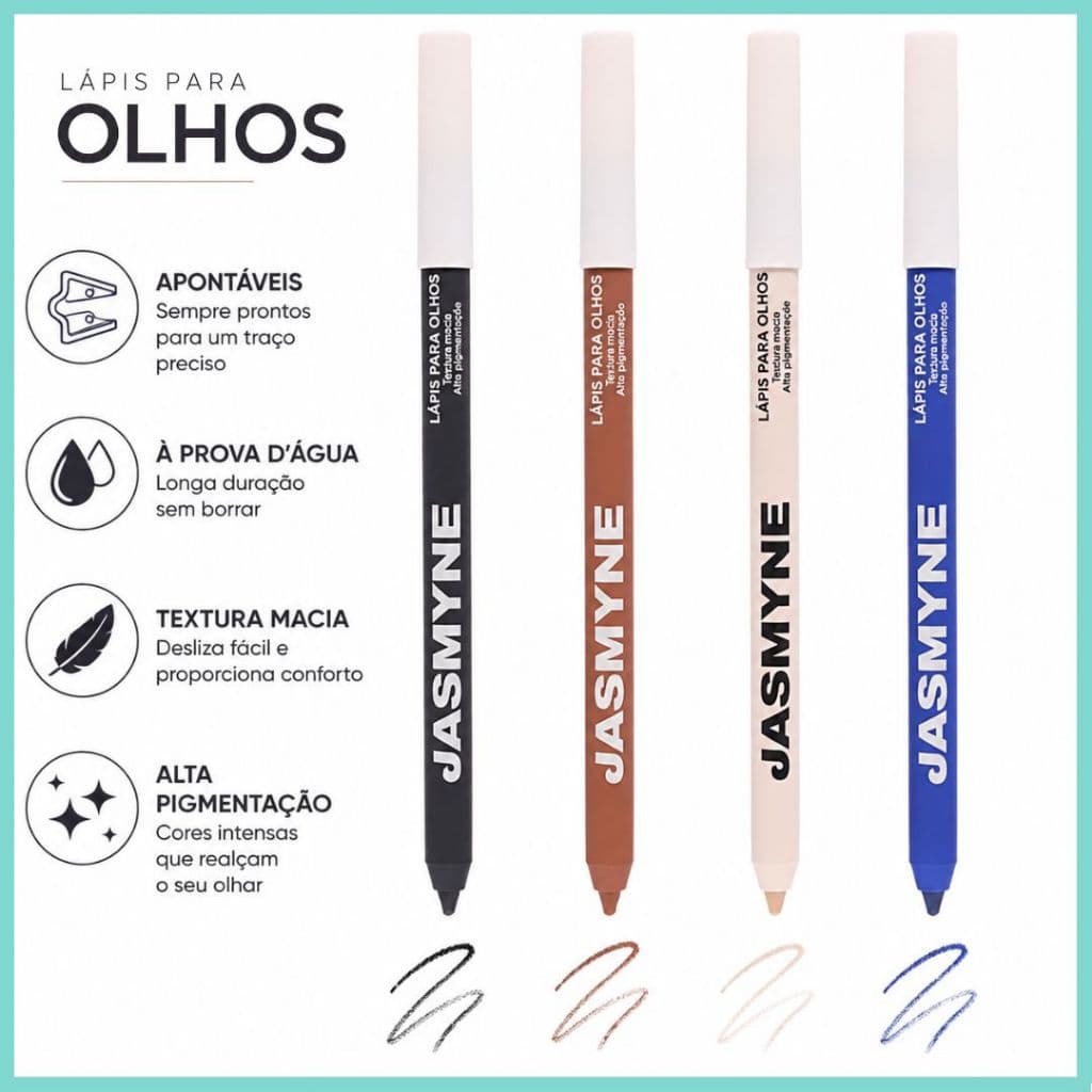 Lápis para Olhos Jasmyne Apontável Alta Pigmentação Preto Marrom Azul Off White