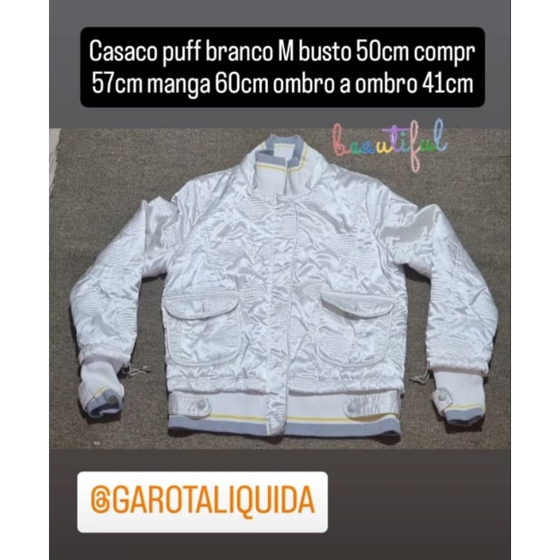 Casaco puff branco M busto 50cm compr 57cm manga 60cm ombro a ombro 41cm