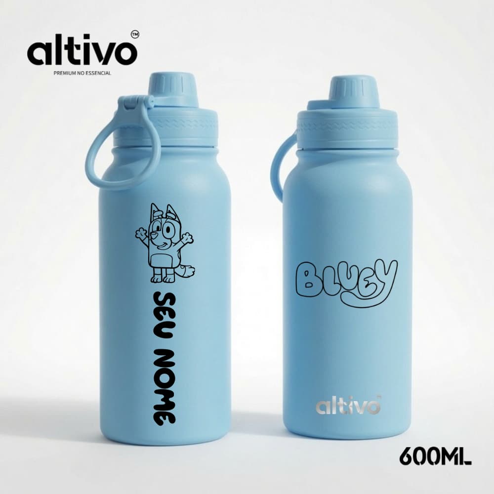 Garrafa Térmica Infantil Bluey Bingo Personalização 600ML com Tampa e Alça em Aço Inoxidável