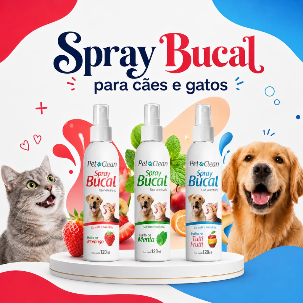 Spray Bucal Pet Contra Mau Hálito Contra Tártaros Para Cachorro Cães e Gatos Sabores Pet Clean 120ml