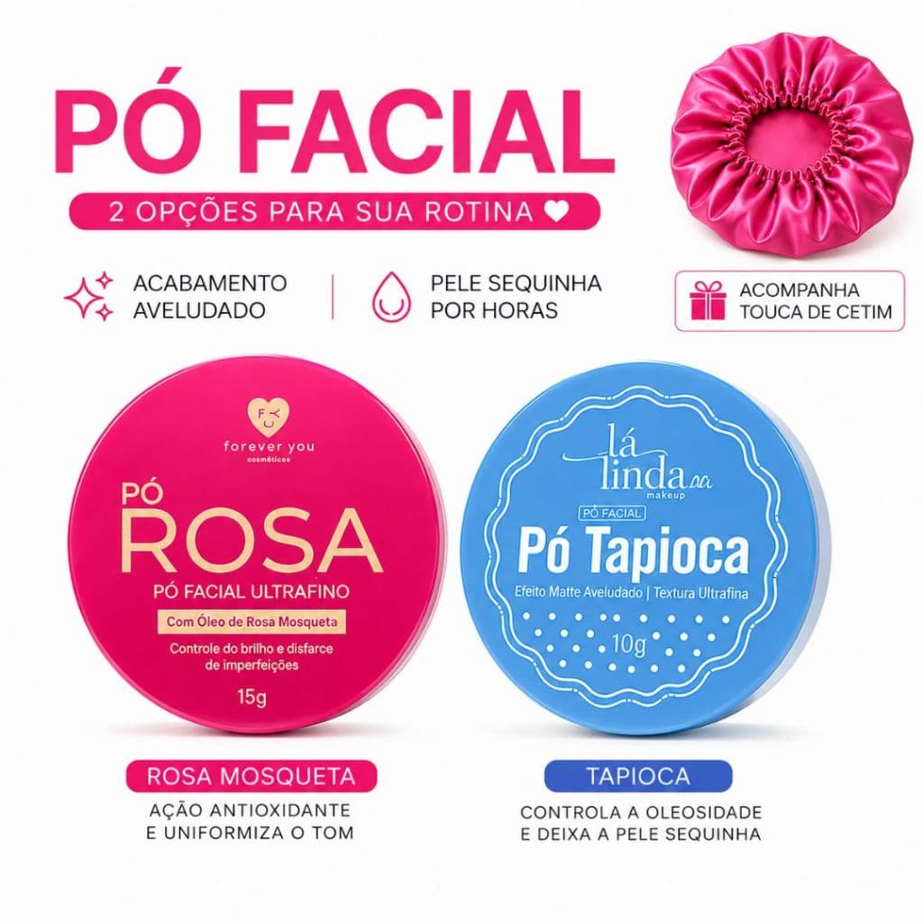 Pó Facial Maquiagem Rosa Mosqueta ou Tapioca Efeito Matte Acabamento Aveludado Pele Natural