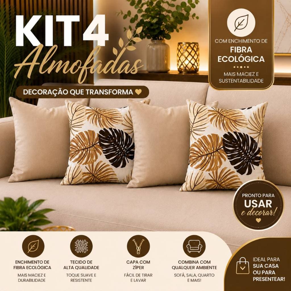 ALMOFADAS DECORATIVAS COM ENCHIMENTO KIT c\4und ALMOFADAS CHEIAS PARA QUARTO SALA OU SOFÁ DECORAÇÃO PRONTA PREMIUM