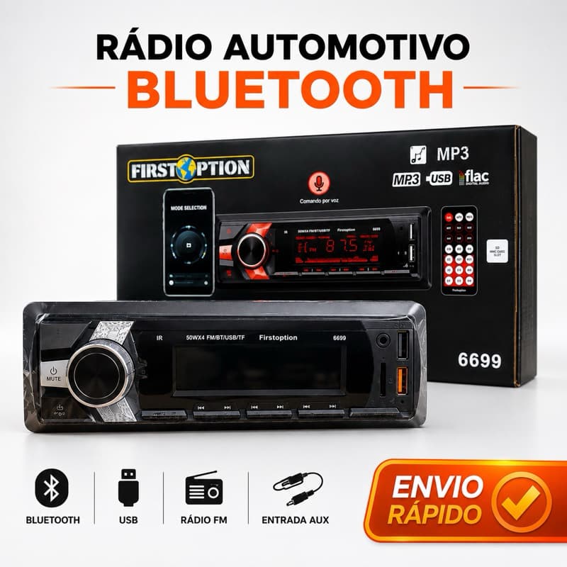 Rádio Automotivo Bluetooth USB SD FM MP3 LED 7 Cores Controle Remoto