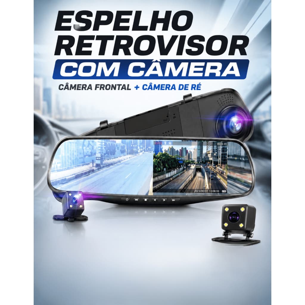 Espelho Retrovisor Com Camera de Ré Traseira e Frontal Dianteiro Preto Monitoramento Full HD 180P