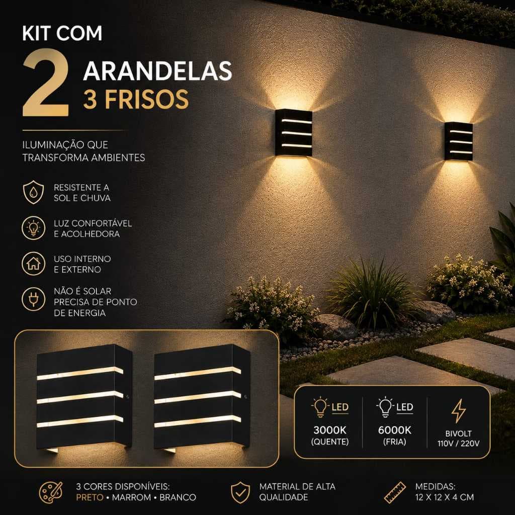 Kit 2 Arandela Luminária De Parede Slim 3 Focos 3 Frisos Uso Interno e Externo Acompanham Lâmpada Led 5w