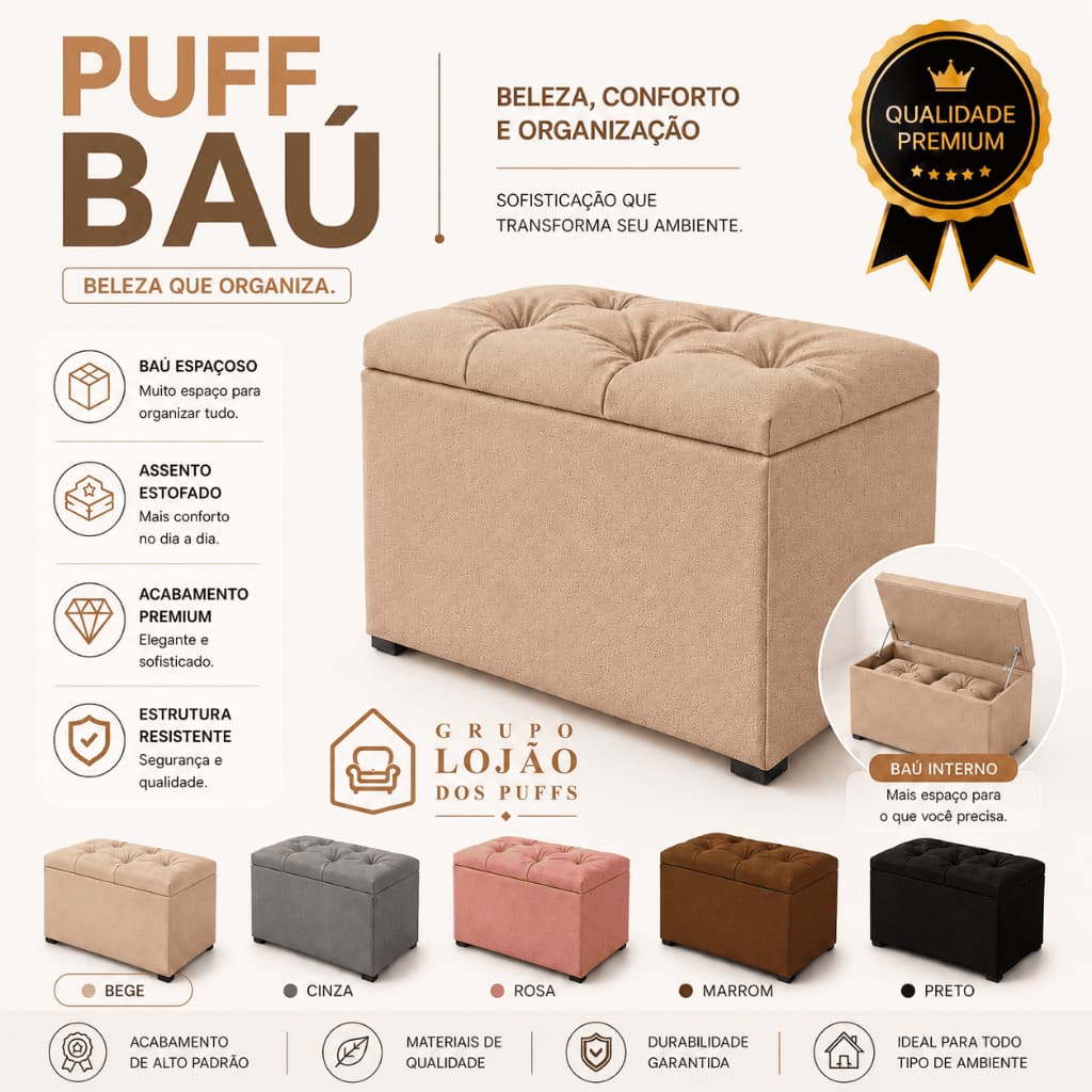PUFF BAÚ TECIDO SUEDE ORGANIZADOR MULTIUSO ESTOFADO QUARTO CASA PENTEADEIRA ROUPAS SAPATOS BRINQUEDO