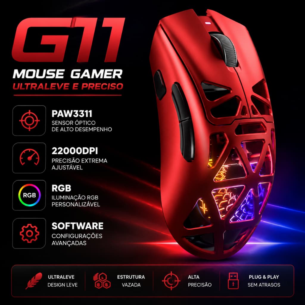 MOUSE Gamer Sem Fio G11 BT 2.4G USB RGB 22000DPI 1khz software 400mah Ergonomic Baixa latência 67g notebook PC Win Mac
