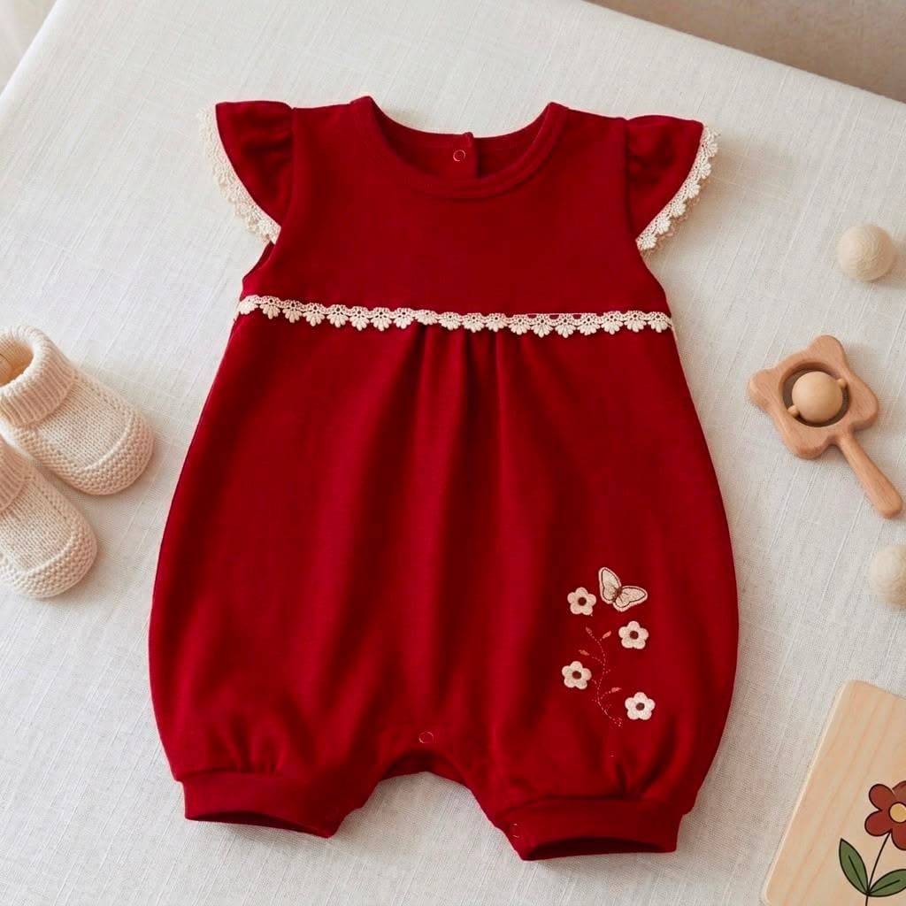 Macacão bebê Menina com Renda Vermelho 100% Algodão Verão Bordado Flores Enxoval Maternidade