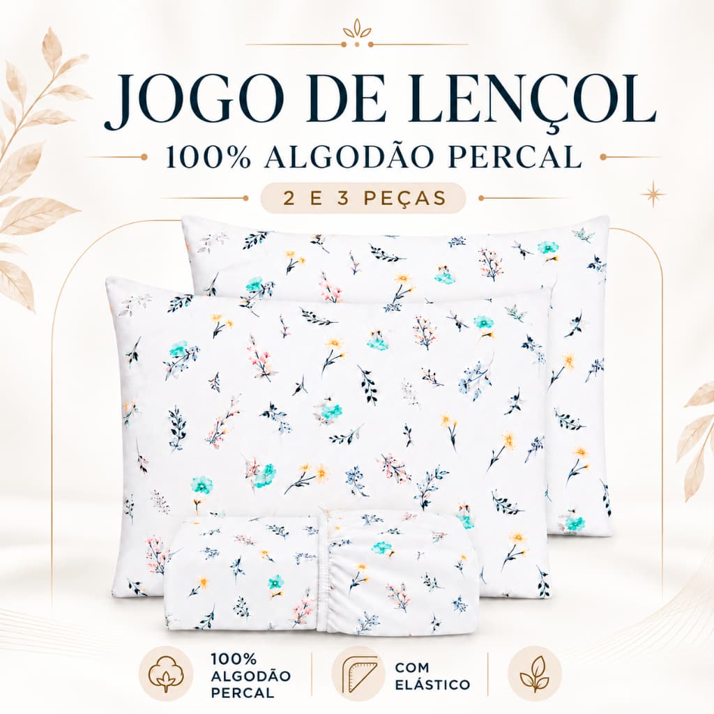 Kit Jogo Lençol 100% Algodão Cama Casal Solteiro 200 Fios Macio Com Elástico