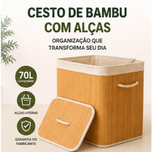 Cesto Organizador de Bambu 70L com Tampa e Alças para Lavanderia Banheiro Closet LEHAVI Decorativo