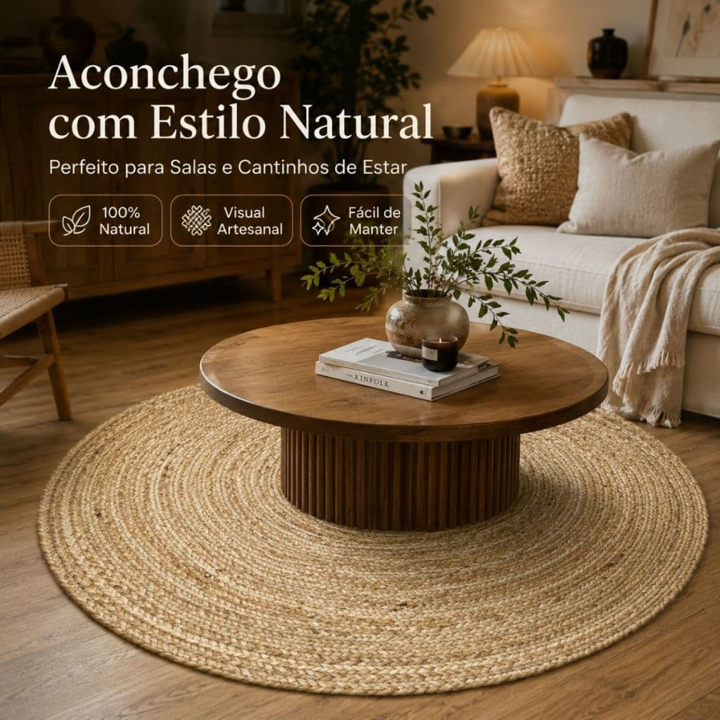 Tapete De Juta 100% Natural Redondo Grande 1.20m Sala Quarto Elegante Aconchegante Rústico Luxo