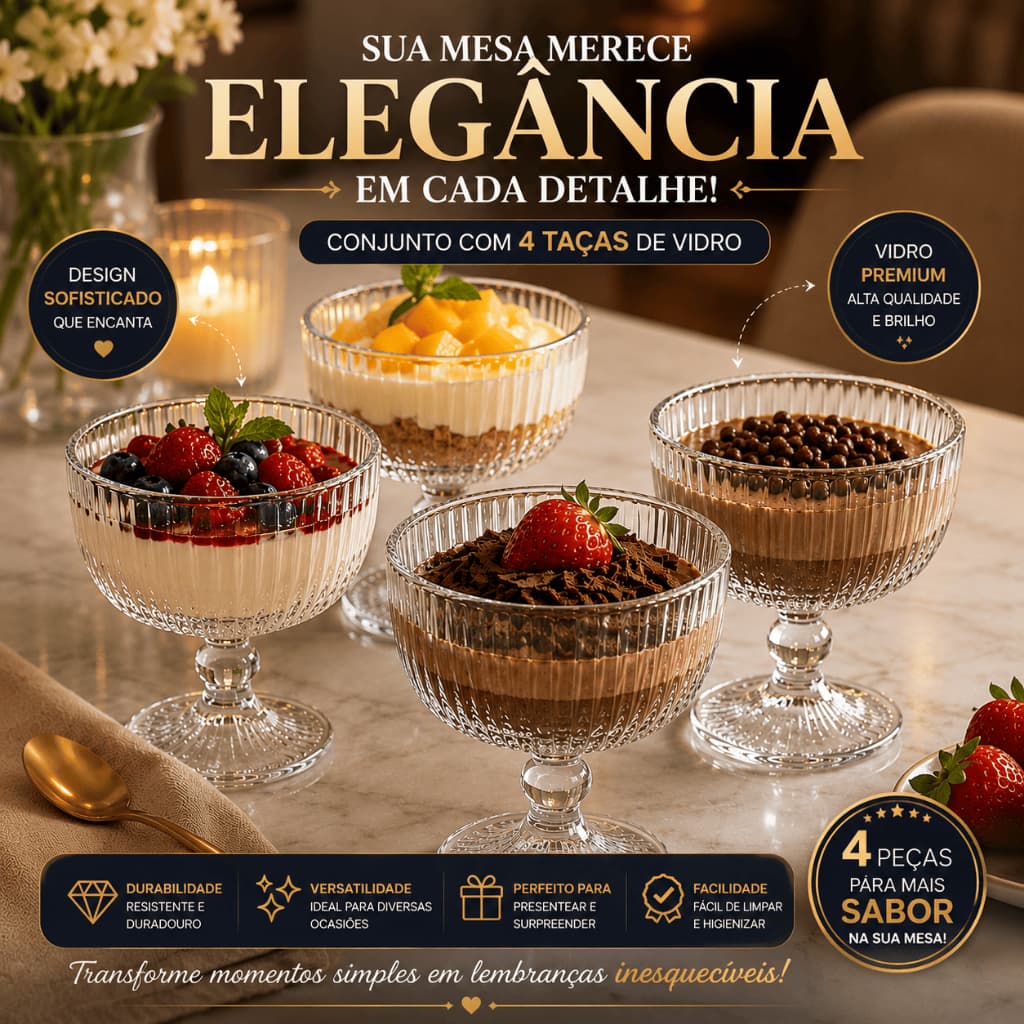 Taça de Sobremesa Versalhes 320ml Jogo com 4 Taças de Vidro Transparente para Mousse Sorvete Frutas e Doces