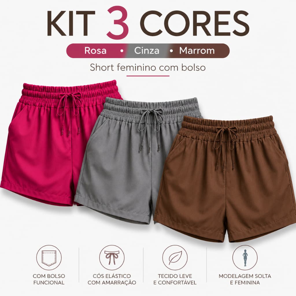 Kit 3 Shorts Femininos Alfaiataria Cintura Alta com Elástico, Cordão e Bolsos – Confortável, Soltinho e Elegante