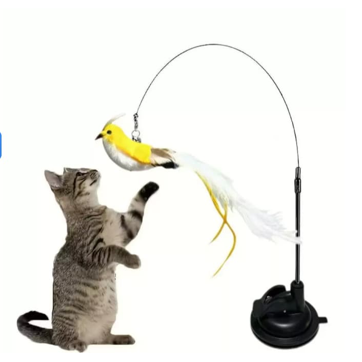 Brinquedo para Gatos – Varinha com Pássaro Simulado + Ventosa, Acessório com Substituição Destacável