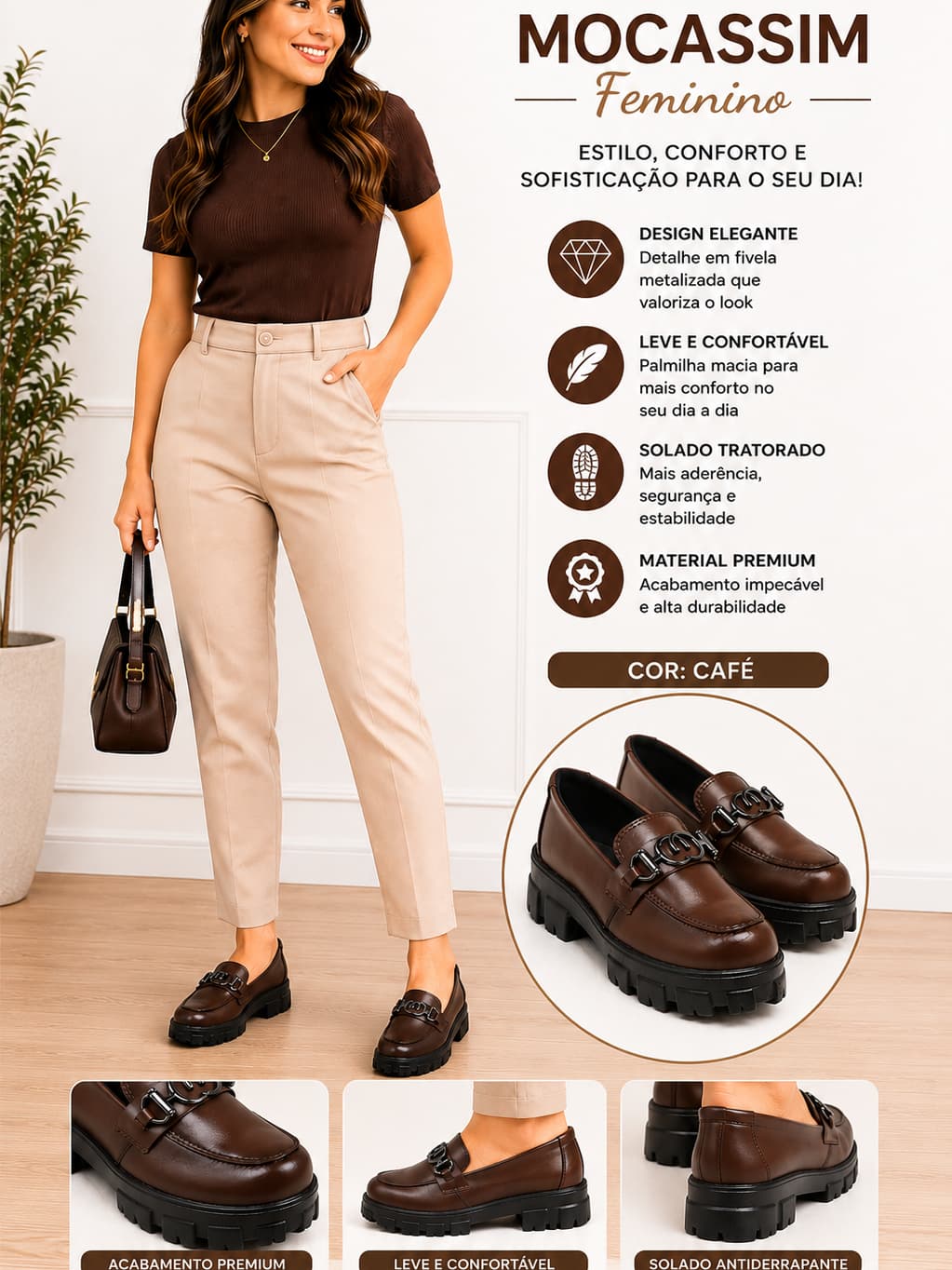 Mocassim Feminino Casual Elegante com Fivela Metalizada E Plataforma| Confortável, Leve e Sofisticado