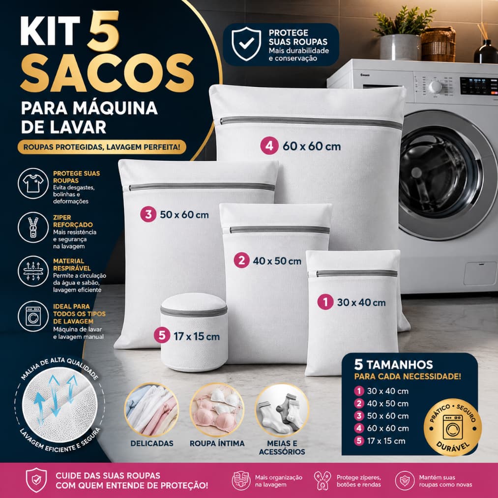 Kit 5 Sacos organizadores Para Lavar Roupas Sutia Calcinha Maquina de lavar