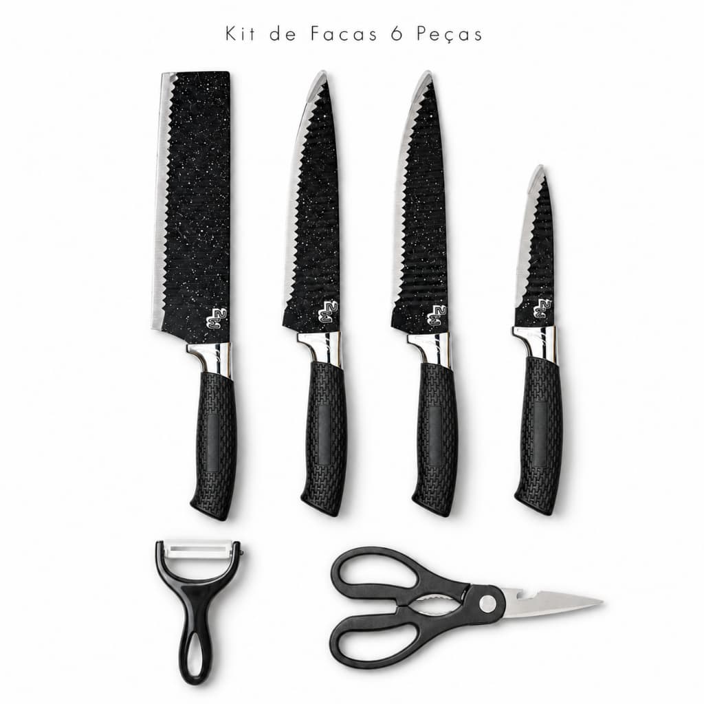 Kit Churrasco 6 Peças Facas Inox Cutelo Chef Tesoura Descascador Completo