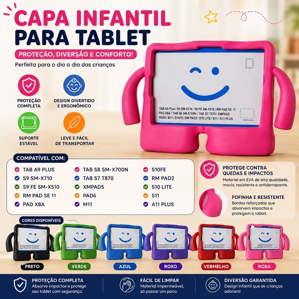 Capa Infantil para Tablet Xiaomi para Redmi Pad SE 11"/ A9 Plus S9 S8 S7 11 Polegadas