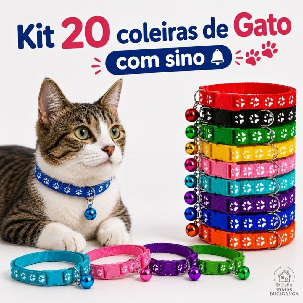 Kit até 20 Coleiras Com Sino Gato ou Cachorro Ajustável Segurança Anti-Fuga Nylon Colorida