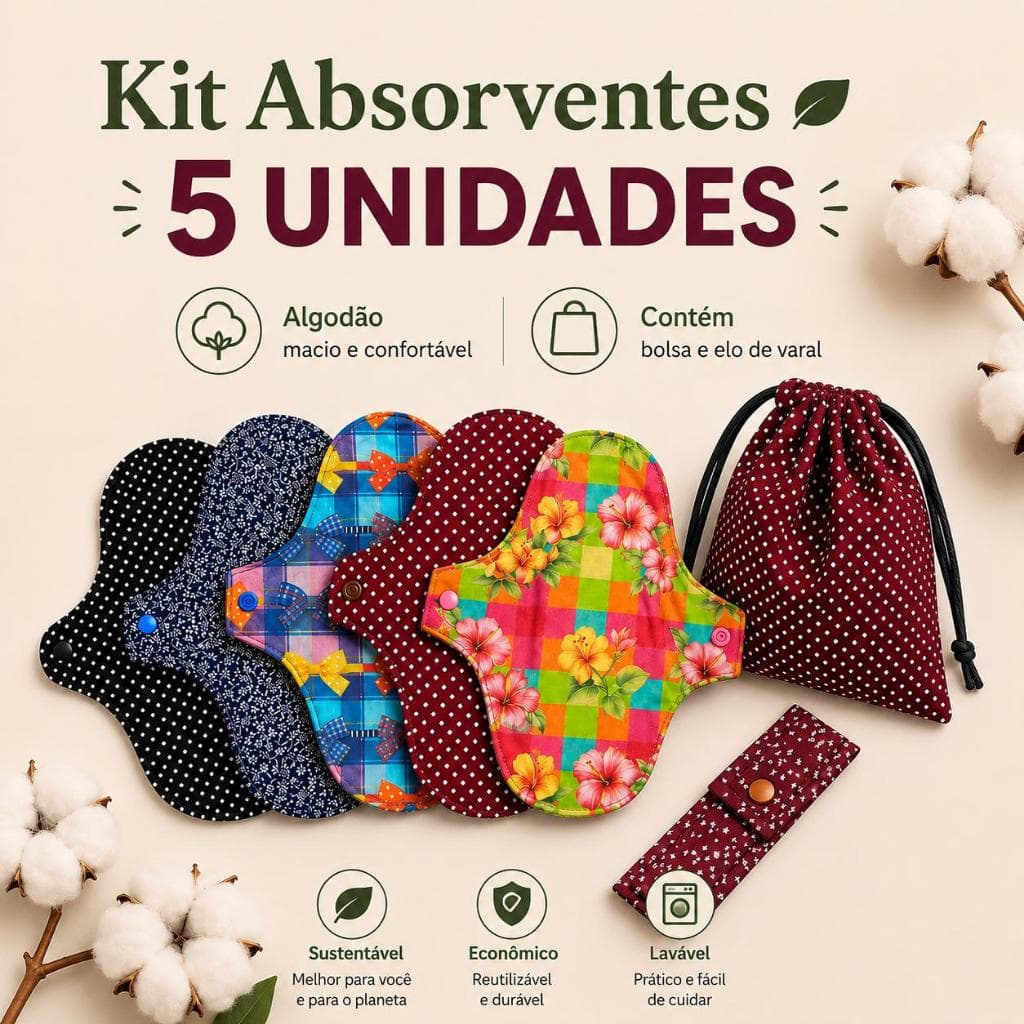 Kit 5 und Absorvente Ecológico Menstrual Algodão Impermeável