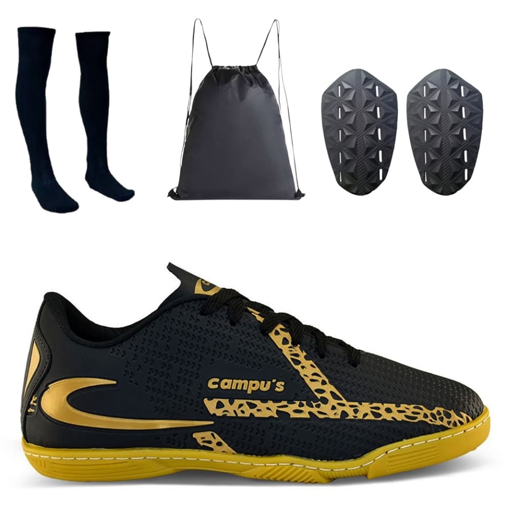 Kit Chuteira futsal indoor Masculina com Caneleira Meião e Mochila  Sola Costurada