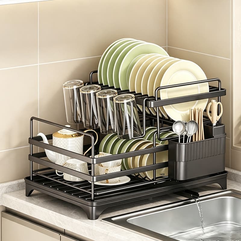 Escorredor de Louça Rack De Cozinha 2 Andares Preto
