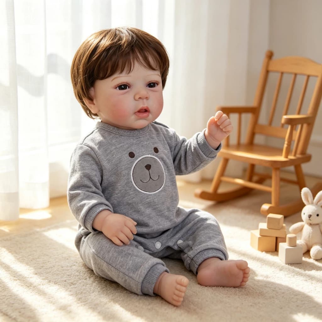 Bebê Reborn Silicone 48cm Menino Boneco Olho Castanho Pode dar Banho Urso Cinza