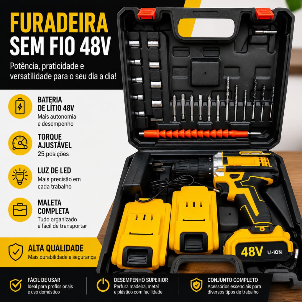 Parafusadeira Furadeira de Impacto 2 Baterias 48v Furadeira Maleta 25pcs Com Maleta Completo