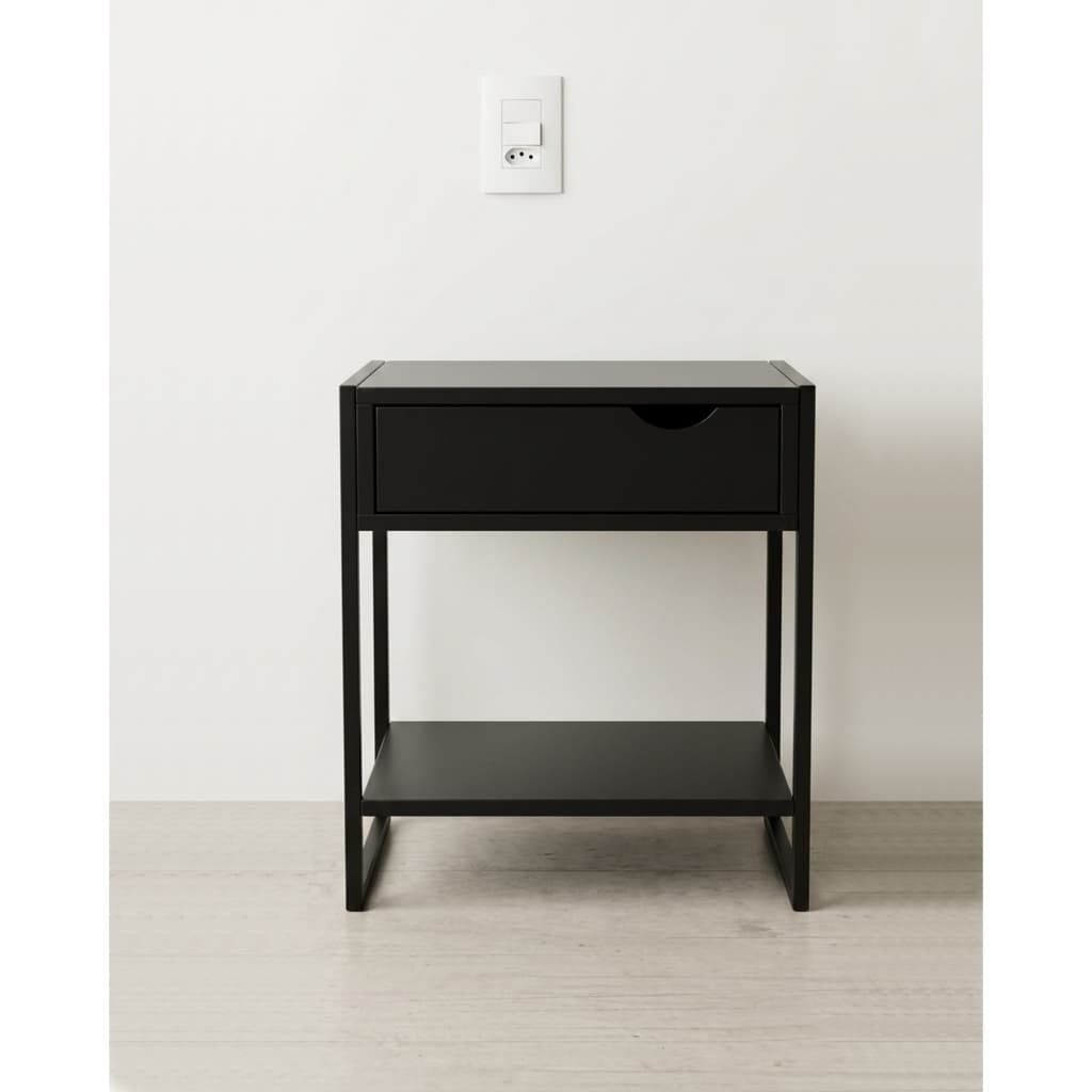 Mesa de Cabeceira Mordomo Black C/ Gaveta Móvel Apoio à Cama Industrial Metal E MDF Preto Fosco Laqueado