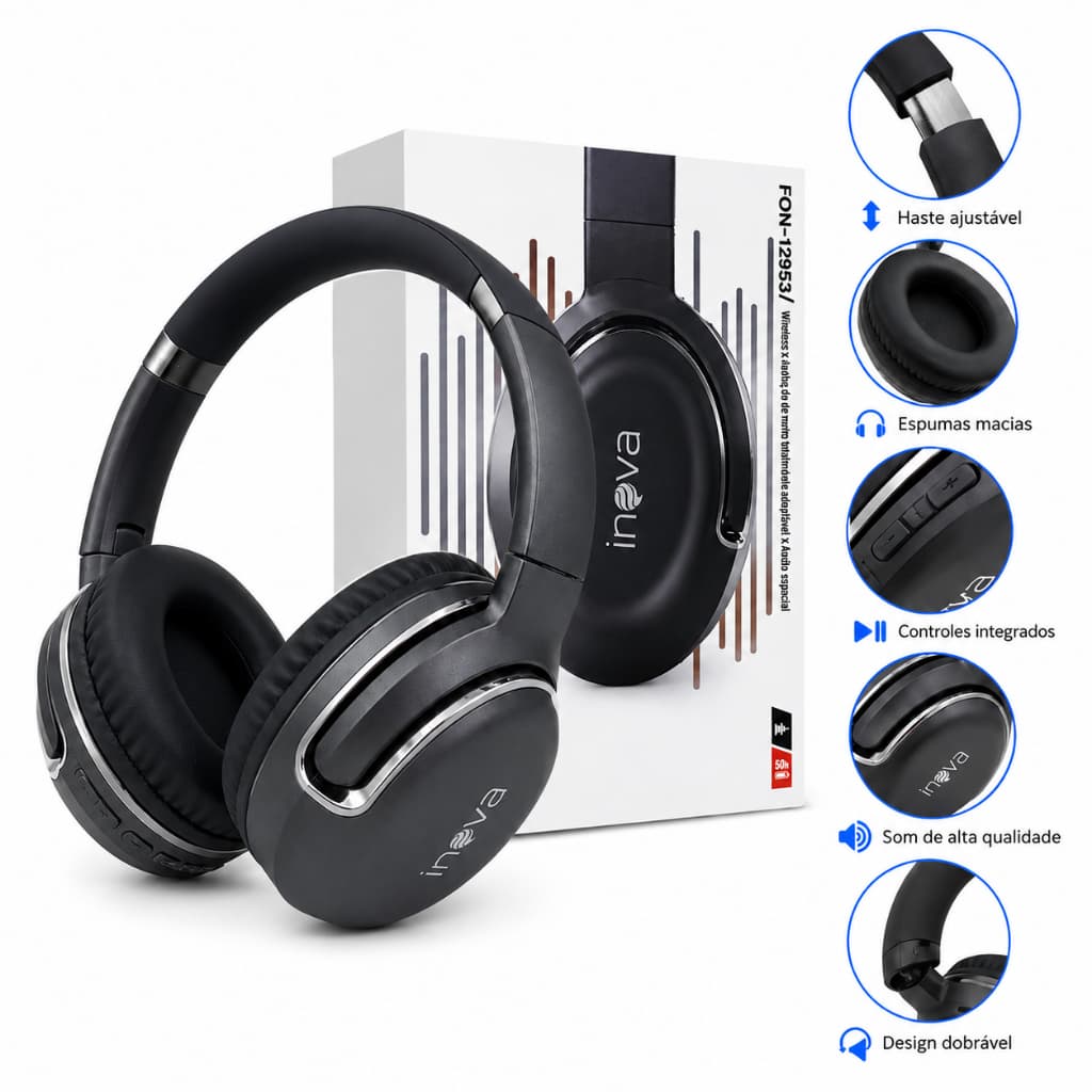Fone de Ouvido Bluetooth 5.0 Inova Sem Fio com Cancelamento de Ruído Microfone e Controle Touch