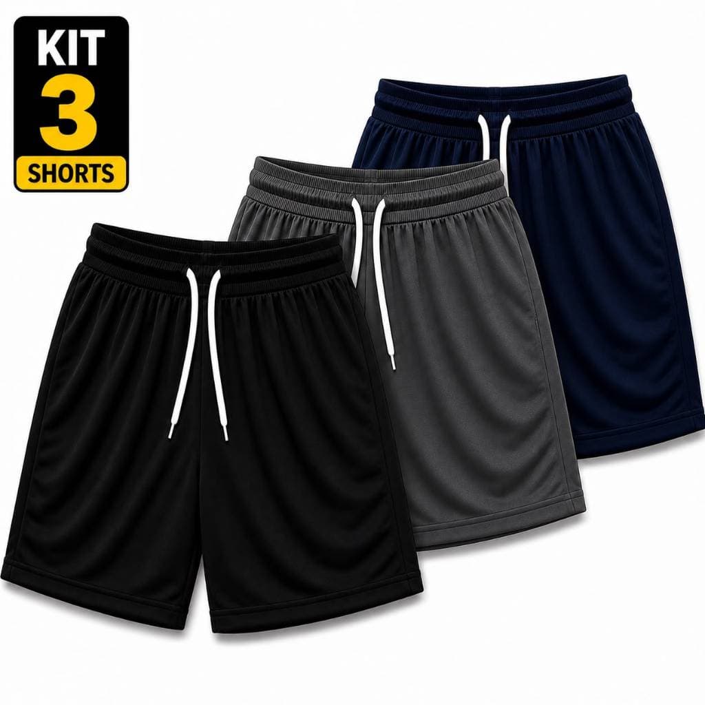 Kit 3 Bermudas Masculina Esportiva Academia Futebol Corrida Poliéster Treino Praia Parque