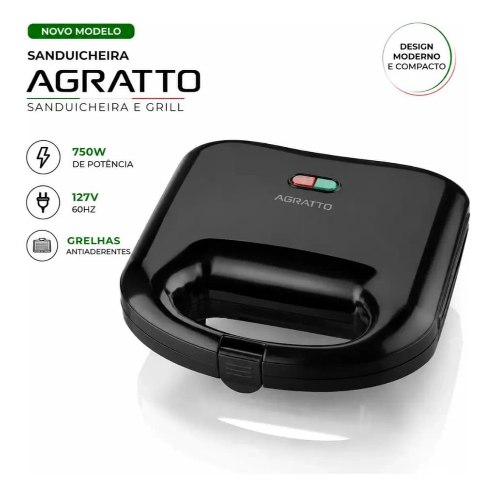 Sanduicheira Torradeira Grill Black Agratto 2 Em 1 Com Trava 127v