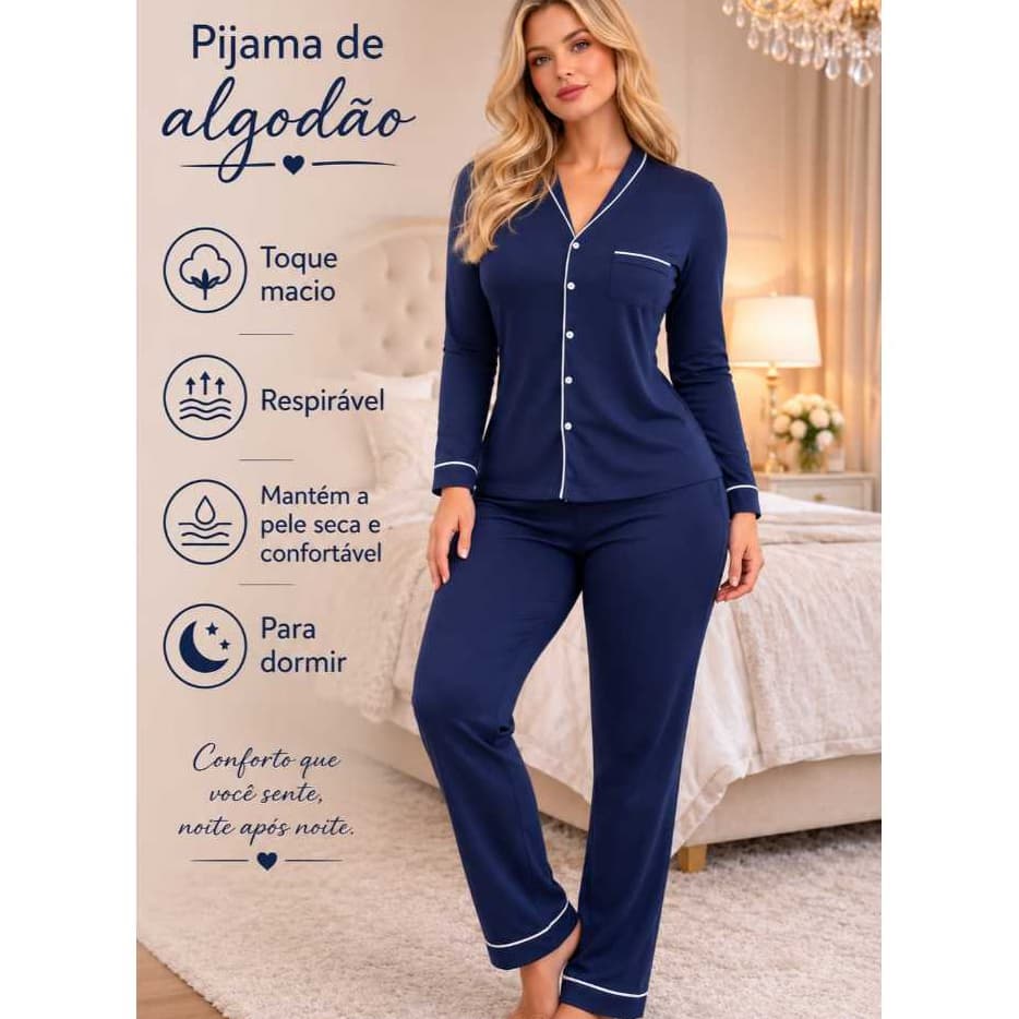 Pijama Americano Longo Feminino De Algodão Com Botão Aberto