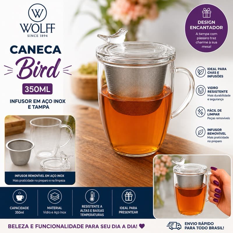 Caneca de Vidro com Tampa e Filtro Bird Borossilicato 350ml Cristal Chá Com Filtro Infusor Wolff