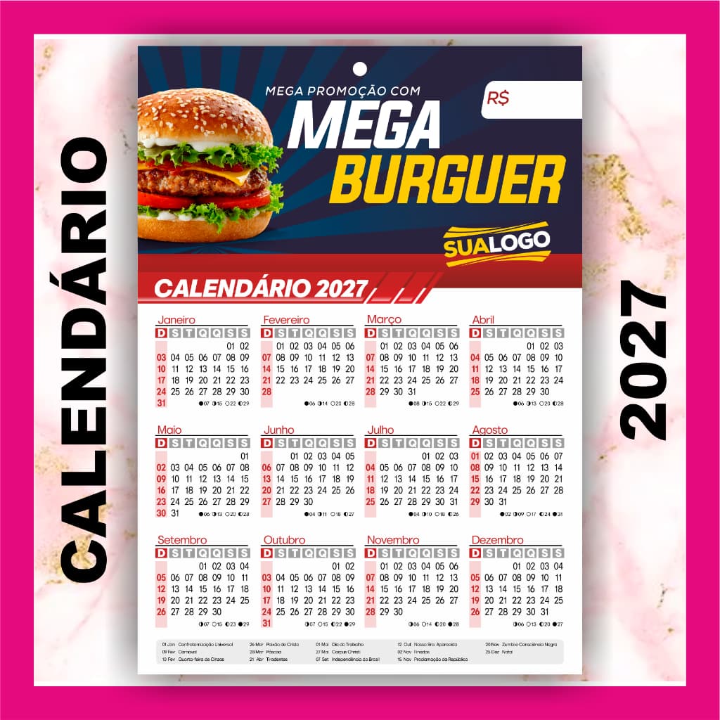 Calendário De Parede Personalizado 2027 -  20x29 cm - 50 à 300 Unidades -  Calendário Comercial
