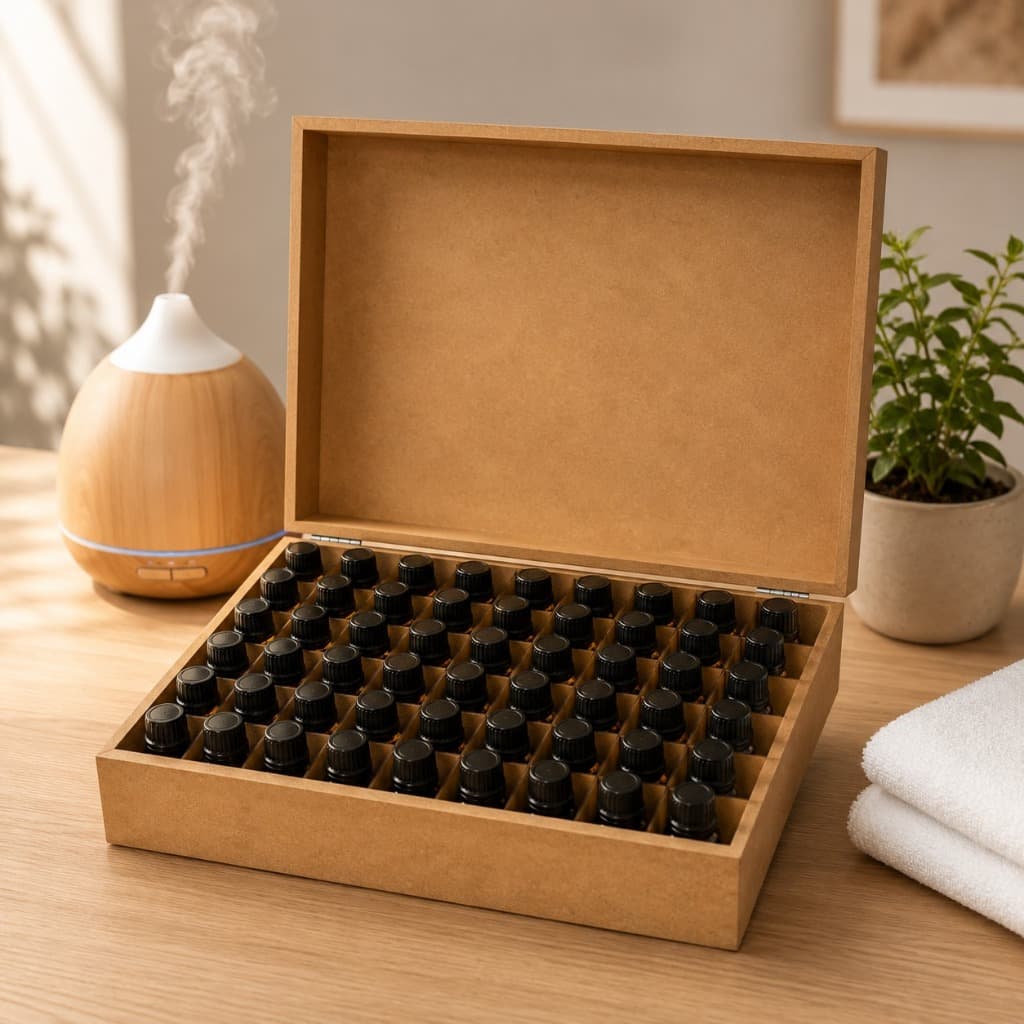 Caixa Maleta Suporte Kit Óleo Essencial Aromatizador Difusor Aromaterapia 54 Nichos Mdf