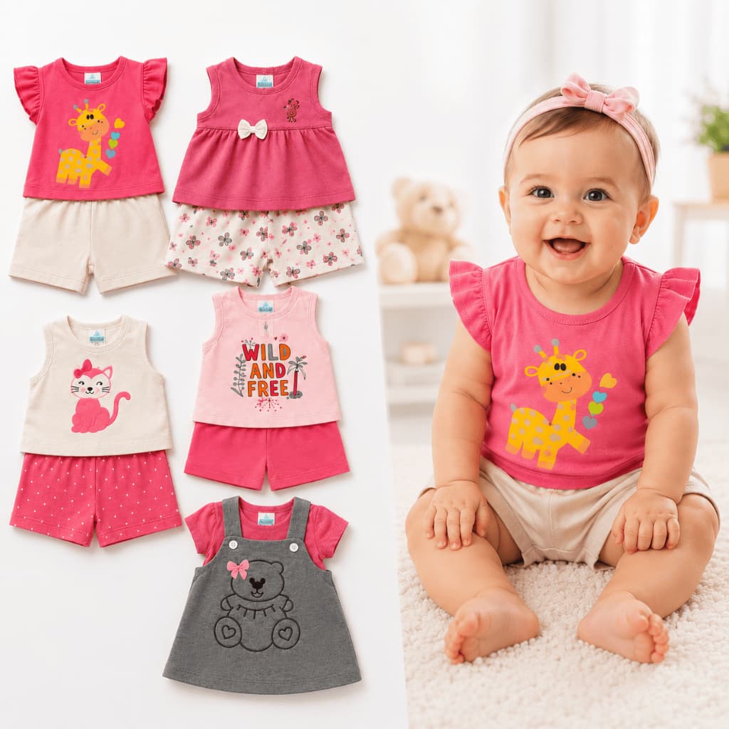 Kit 6 Peças Conjunto Bebê Menina Roupa Infantil Fashion Short Blusa Vestido 100% Algodão