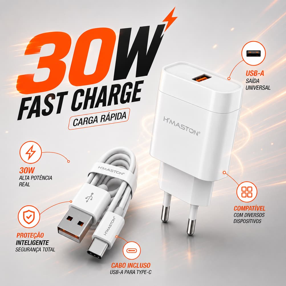 Fonte Carregador + Cabo Carregador Turbo 30W H'maston Y53 Original Fonte Rápida QC 3.0 Para iPhone e Android